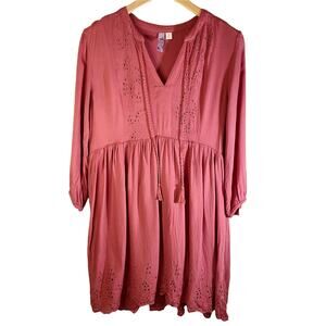 Alya Women's Long Sleeve Eyelet Tassel Mini Dress Pink Size Medium Cottagecore